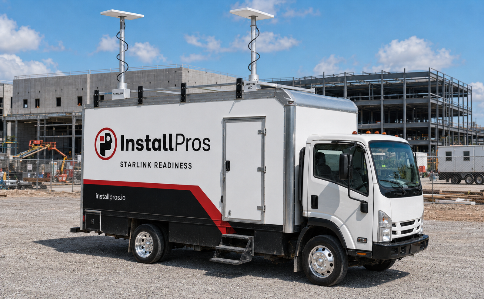 InstallPros connectivity truck with Starlink and redundant LEO antennas at a data center construction site