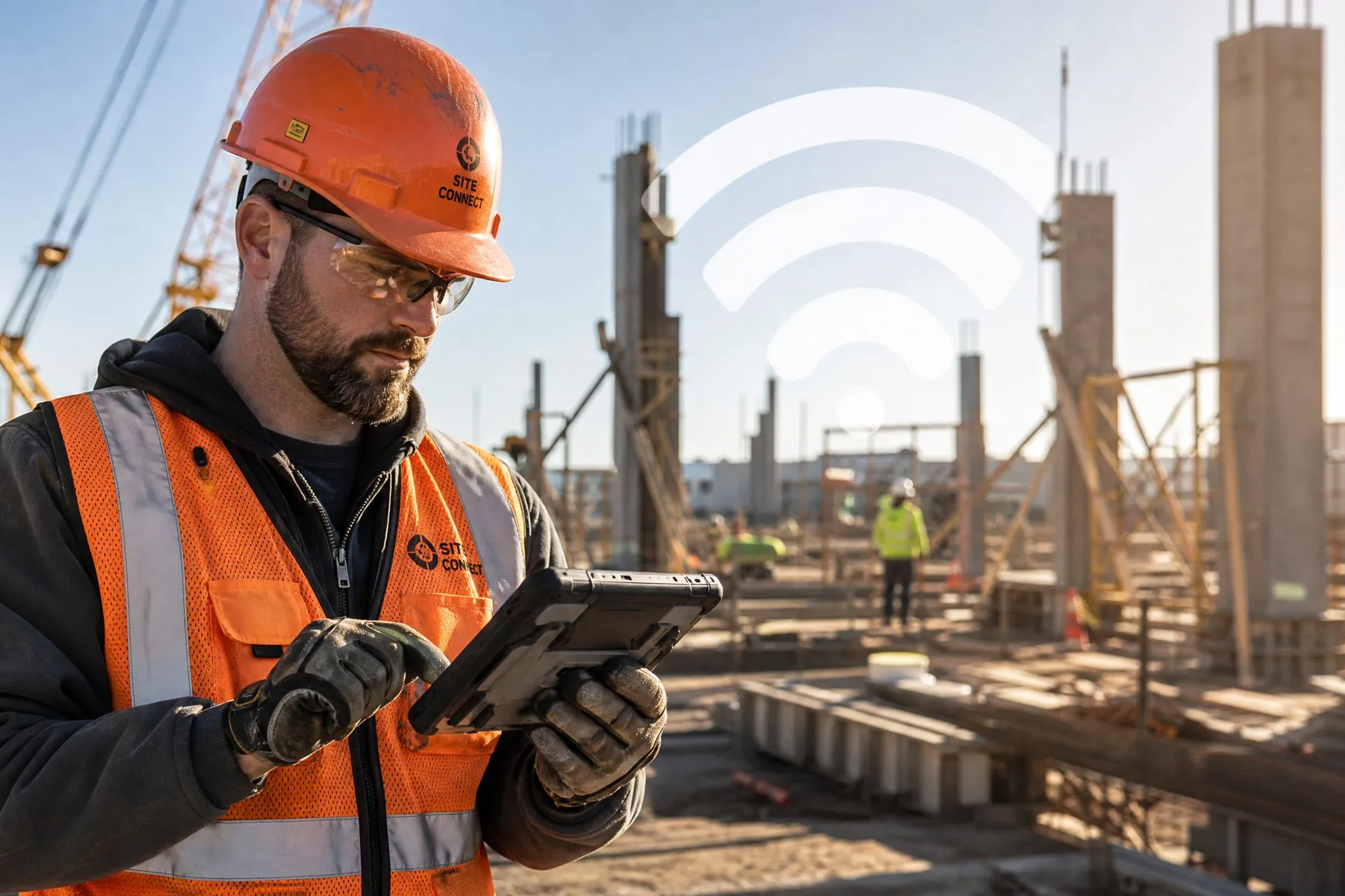 Construction worker using tablet with field Wi-Fi