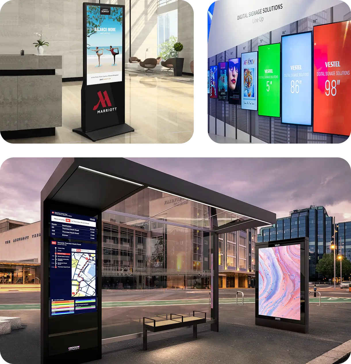 Digital signage installation collage — lobby kiosk, video wall, and outdoor display