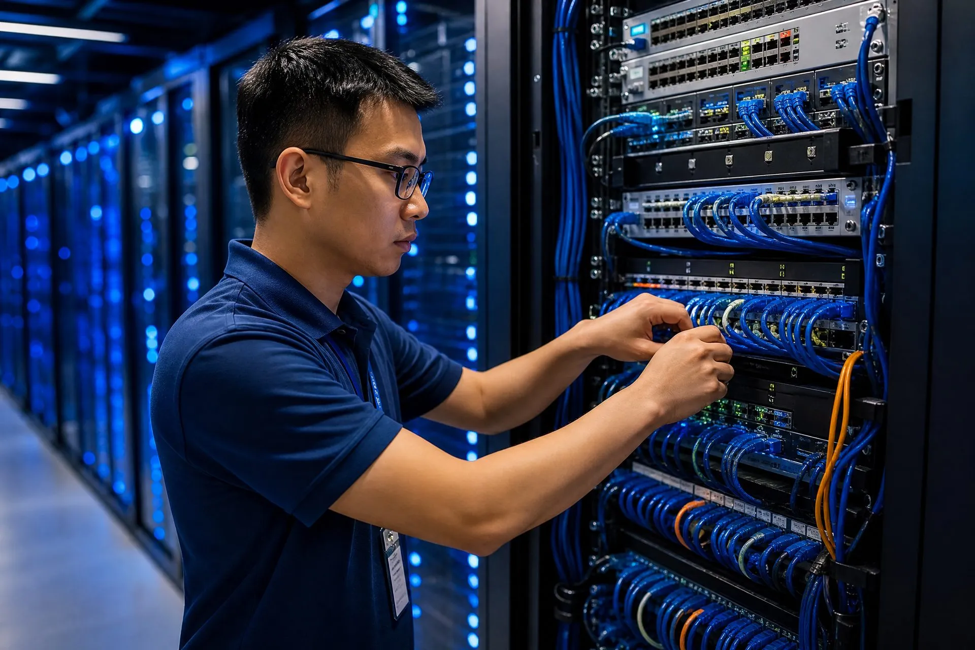 Network engineer configuring data center infrastructure