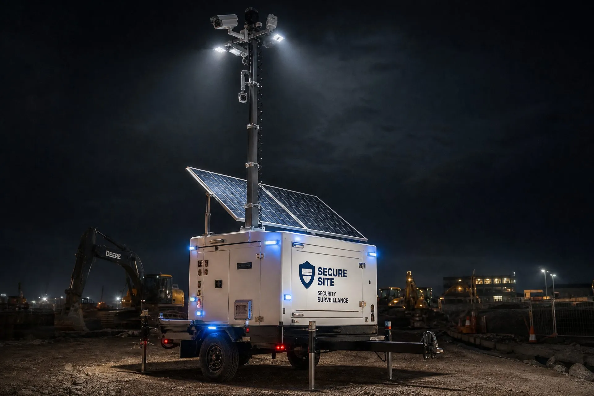 Mobile security trailer on construction site at night